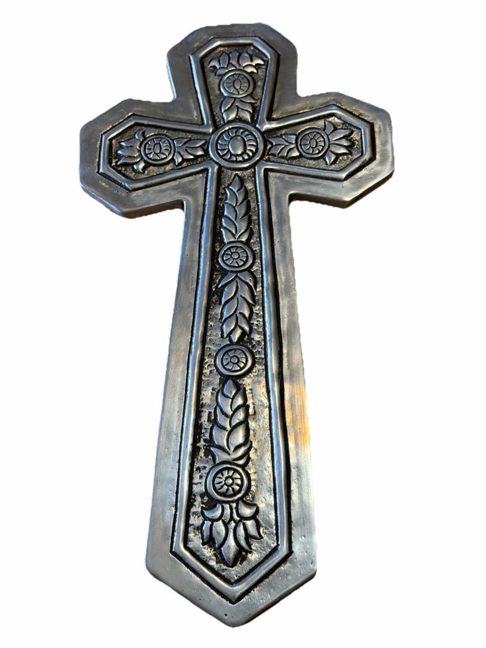 Vtg. 98’ Mexican Decorative Pewter Wall Cross 15” Tall Folk Art Hand Crafted